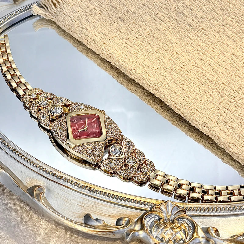 Vintage Diamond-Embellished Women's Watch with Diamond-Shaped Face & Gold Bracelet