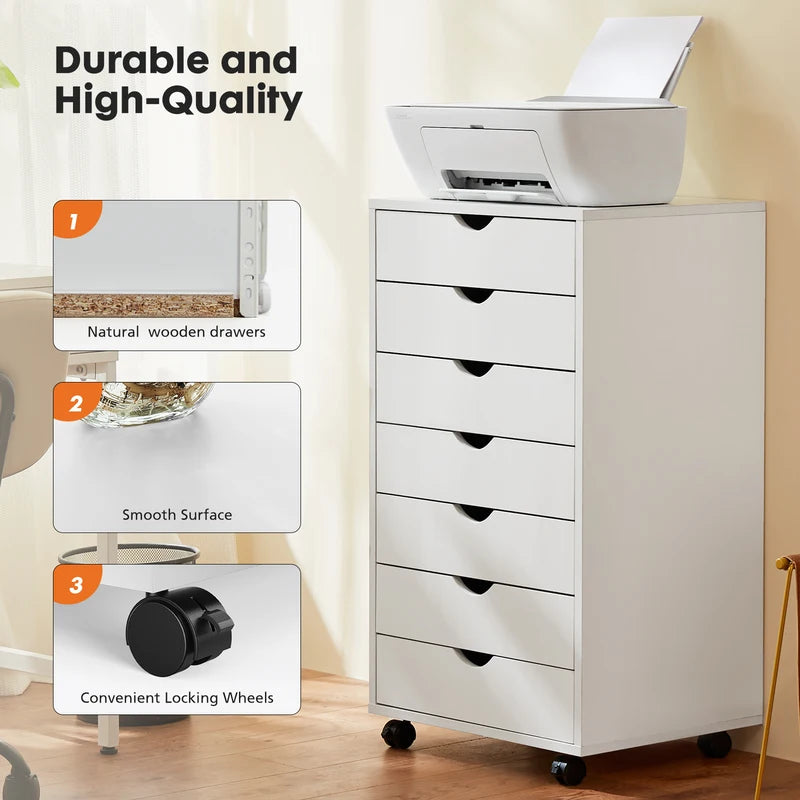 7 Drawer Wooden Storage Cabinet with Wheels - Modern Office & Living Room Organizer