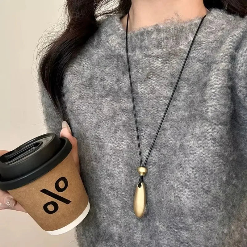 Geometric Metal Pendant Necklace for Women Long Rope Chain Black Water Drop Style
