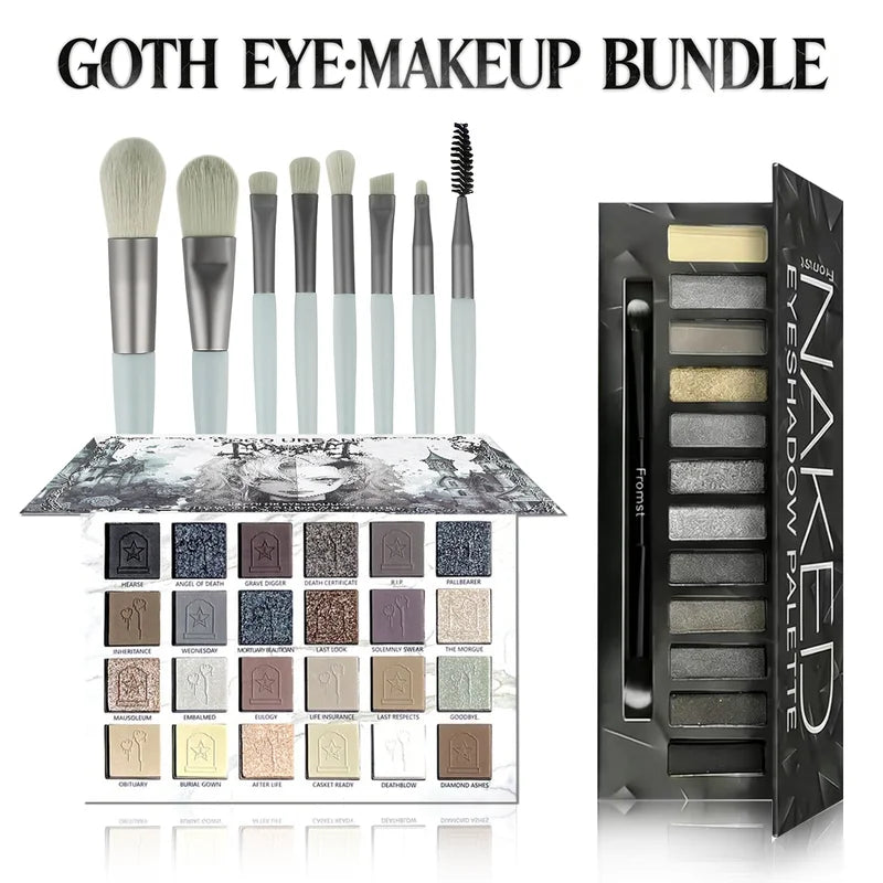 Gothic Core Eyeshadow Palette with 8 Makeup Brushes - Dark Tones, High Pigment, Vegan Formula