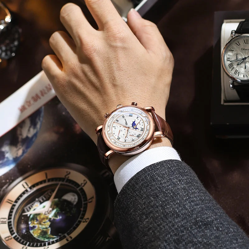 Men's Leather Chronograph Watch with Moon Phase and Luminous Quartz
