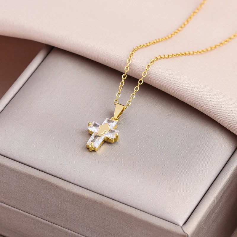 Sparkly Zircon Crystal Cross Pendant Necklace for Women Stainless Steel Chain Jewelry
