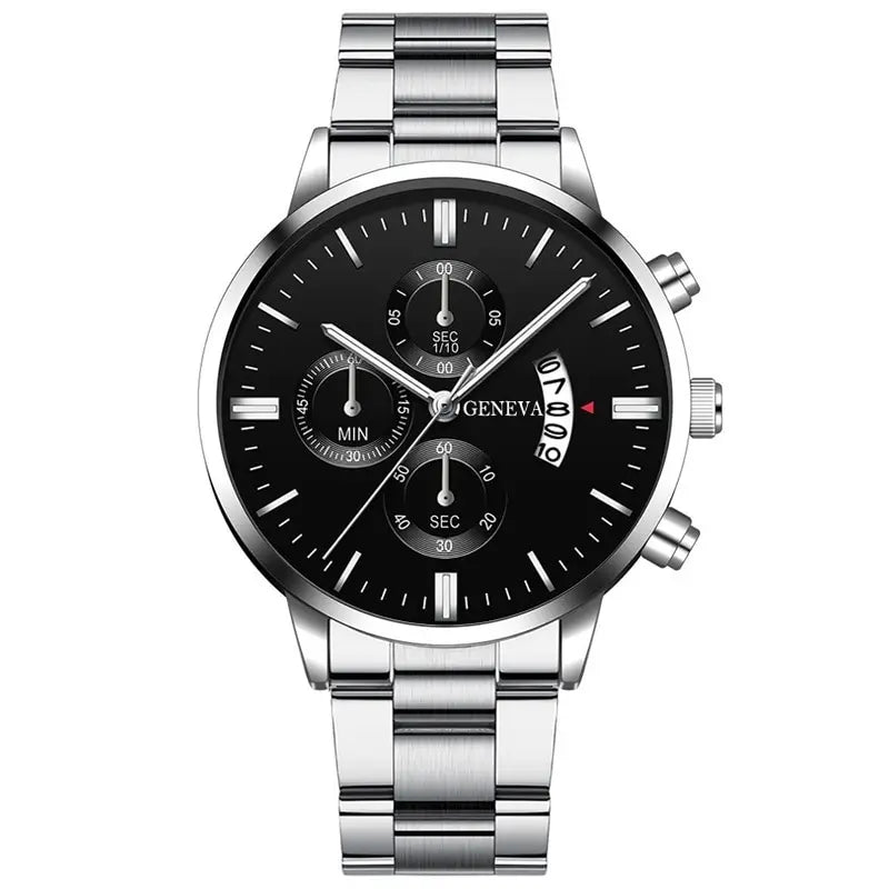 Men's Luxury Silver Stainless Steel Quartz Watch with Calendar
