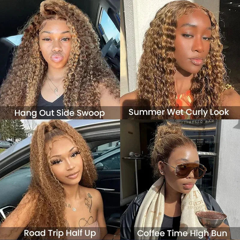 250 Density Full Lace Wig Human Hair Deep Wave Honey Blonde Glueless 360 Frontals