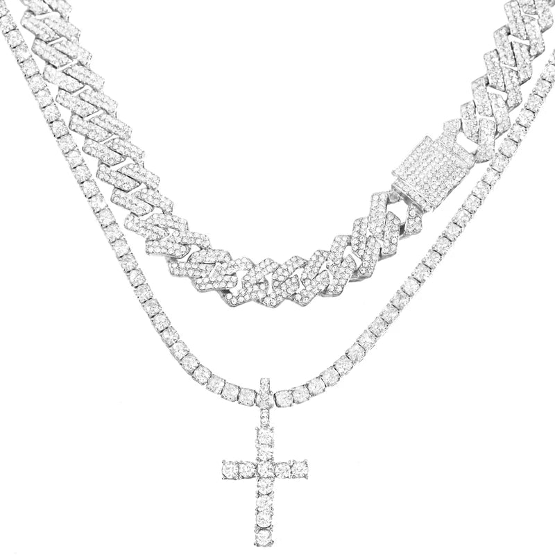 Men Women Cross Tennis Chain Necklace 14MM Cuban Link Jewelry - 2 Pieces