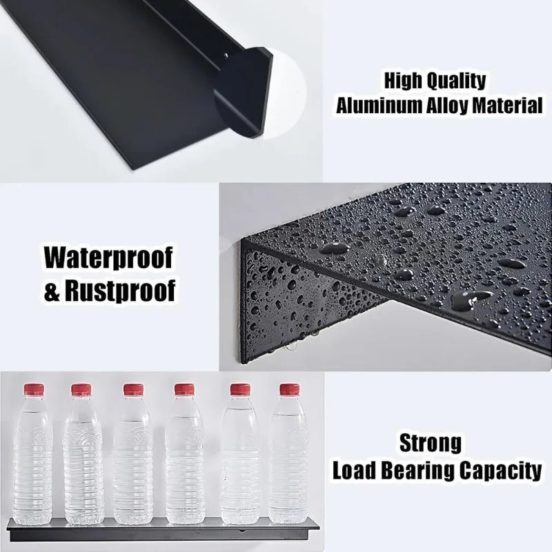 Modern Wall Shelf Bathroom Kitchen Storage Rack Black 15-50cm No Drill