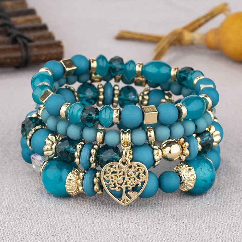 Bohemian Beaded Chain Bracelet Set for Women Tree of Life Charm Elastic Jewelry