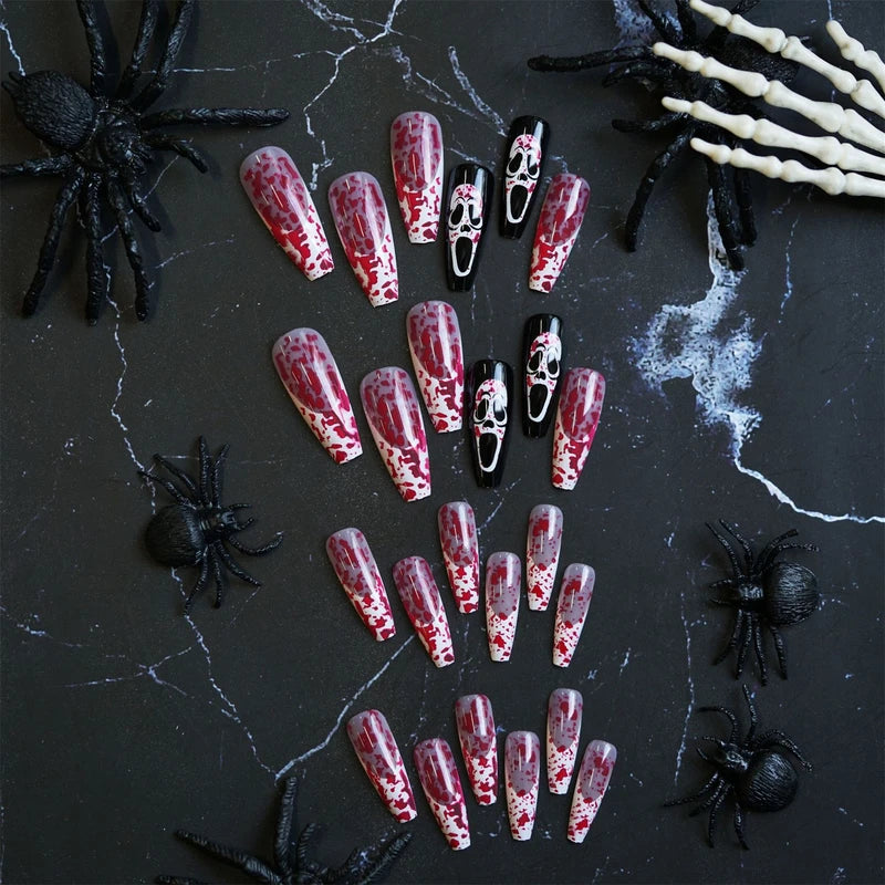 Blood Color Halloween Fake Nails Set - Long Coffin Style with Ghost Face Print