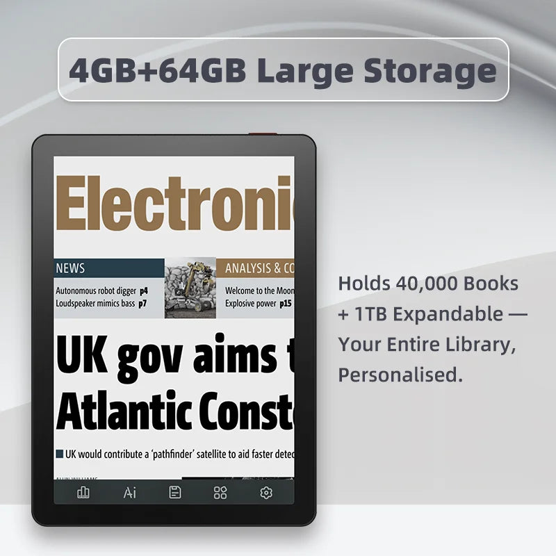 6-Inch E-Reader with Adjustable Front Light, 300 PPI E Ink Display, Android 14, 64GB Storage