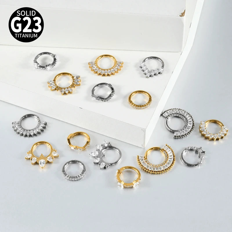 Titanium Split Ring with Multi-Shape CZ for Nose Cartilage Helix Piercing Jewelry