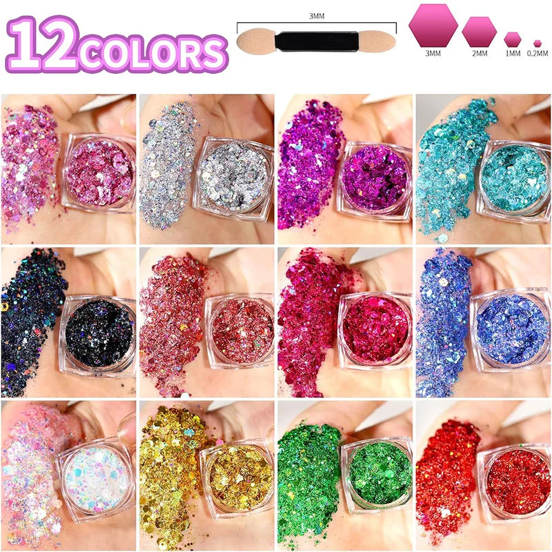 12 Colors Face & Body Glitter Gel - Holographic Sequins for Festival & Party