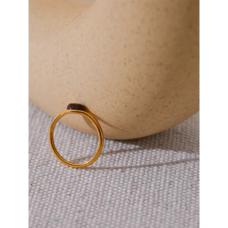 Minimalist Natural Stone Stainless Steel Gold Ring for Women Waterproof Jewelry Gift