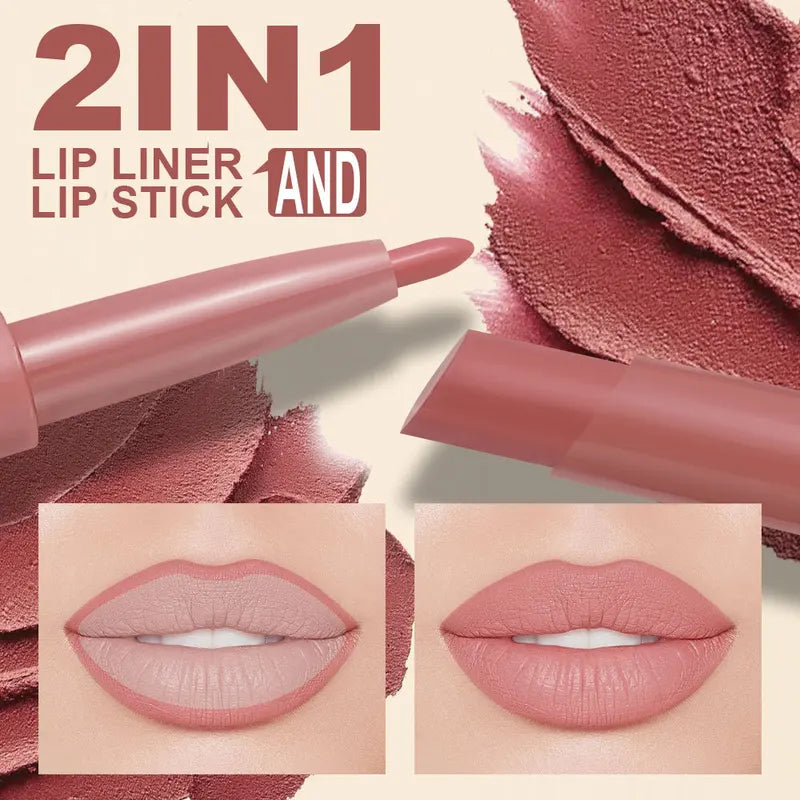 Waterproof Nude Lip Liner & Matte Lipstick 2-in-1 Pencil for Long-Lasting Lip Makeup