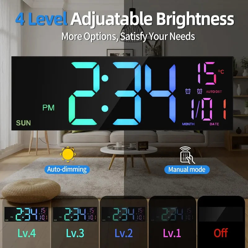 Large Digital Wall Clock with Remote Control, 8 RGB Colors, Dual Alarm