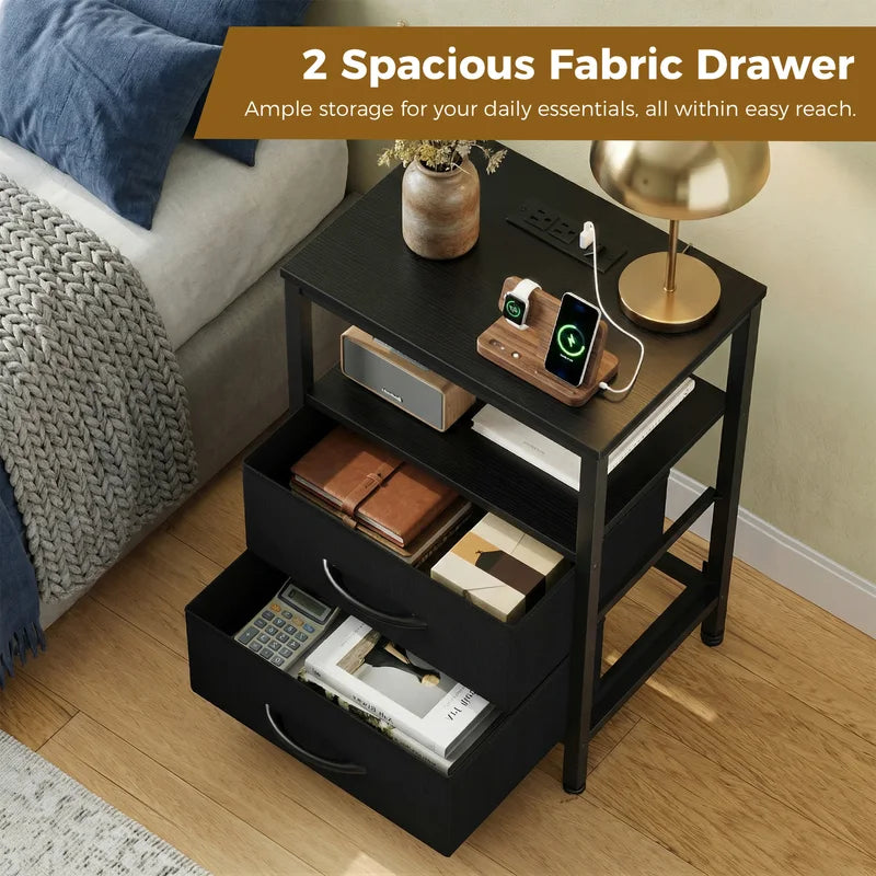 Fabric Drawers Nightstand with USB Charging Station - Bedside Storage End Table