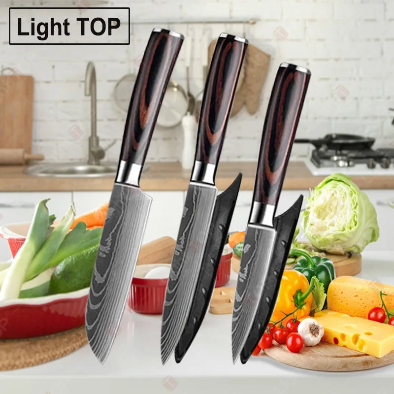 Kitchen Knife Set 1-3 Pcs Laser Damascus Santoku Cleaver Utility Chef Knives