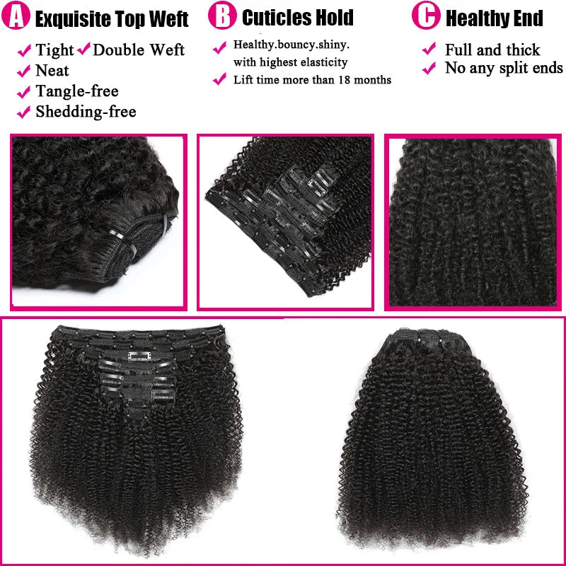 Afro Kinky Curly Clip-In Hair Extensions Human Hair Natural Black 8-24 Inches
