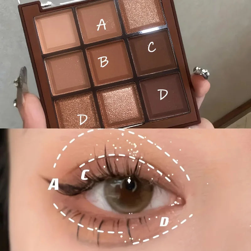 9-Color Mocha Chocolate Eyeshadow Palette with Matte, Pearly & Glitter Finishes
