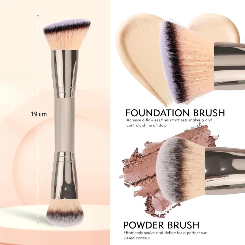 Dual Ended Makeup Brush for Foundation, Concealer & Blush with Travel Pouch