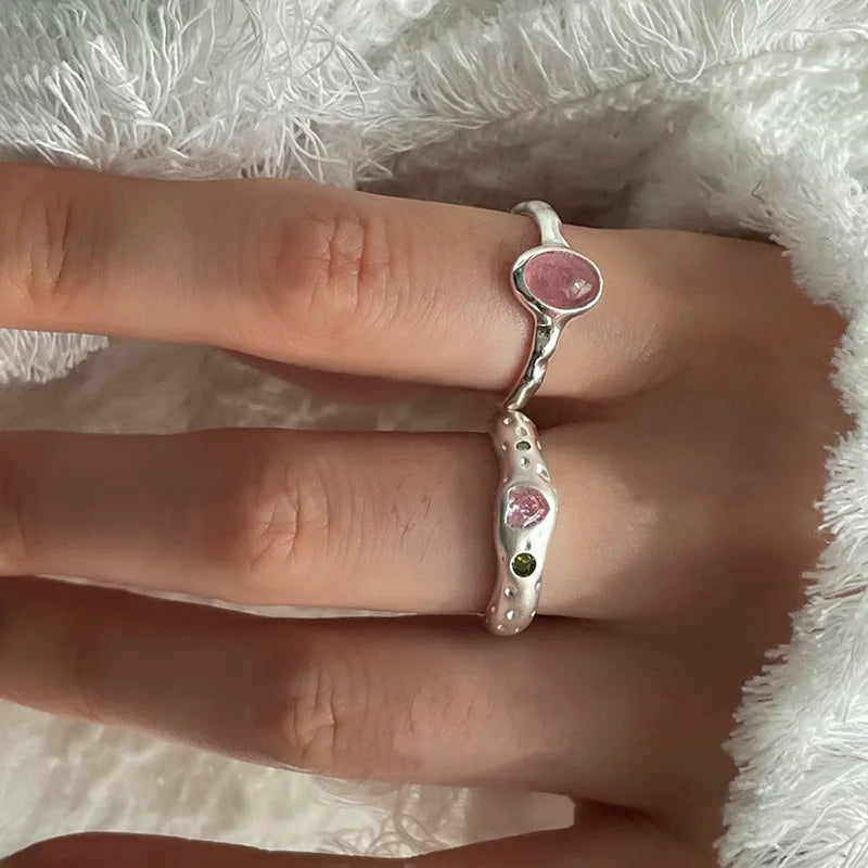 Sterling Silver Pink Stone Ring for Women Geometric Open Handmade Jewelry