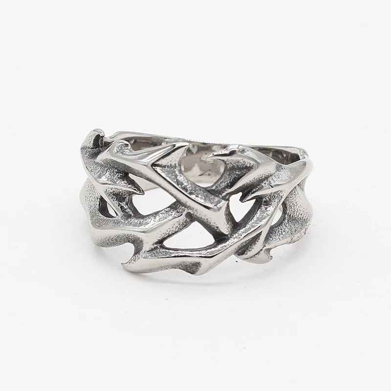 Vintage Punk Stainless Steel Crown of Thorns Ring for Men Women Hollow Out Design Jewelry