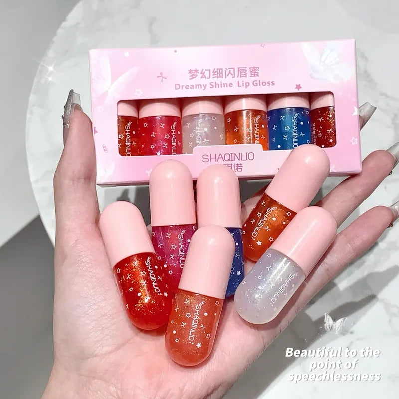 Shimmery Glitter Lip Gloss Set - 6 Highly Pigmented Long-Wear Colors