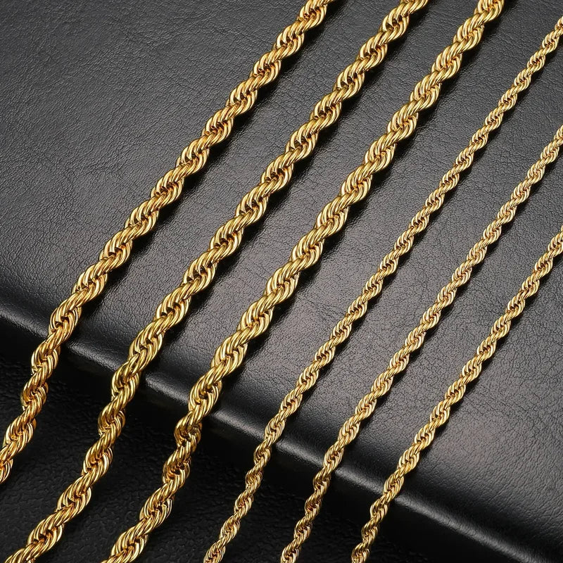 Gold Color Twisted Rope Chain Necklace Stainless Steel Waterproof Jewelry for Men Women