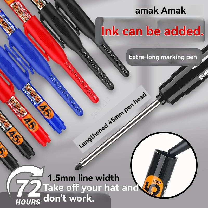 Waterproof Carpenter Pen Set 45mm Long Nib Deep Hole Marking Tool Black White Ink