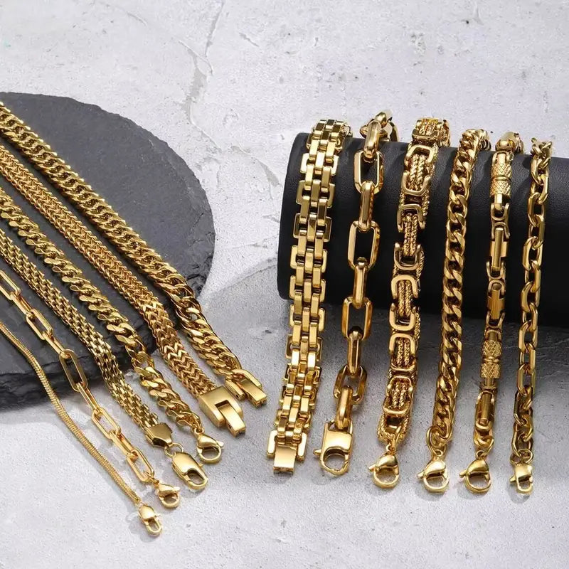 Men's Gold Color Chain Bracelet Hip Hop Stainless Steel Chunky Wristband Jewelry Gift for Him