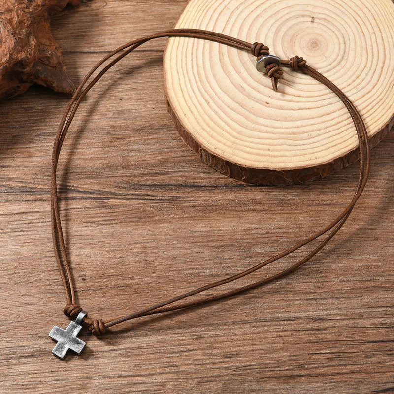 Women and Men Retro Woven Cross Pendant Necklace Rope Leather Chain