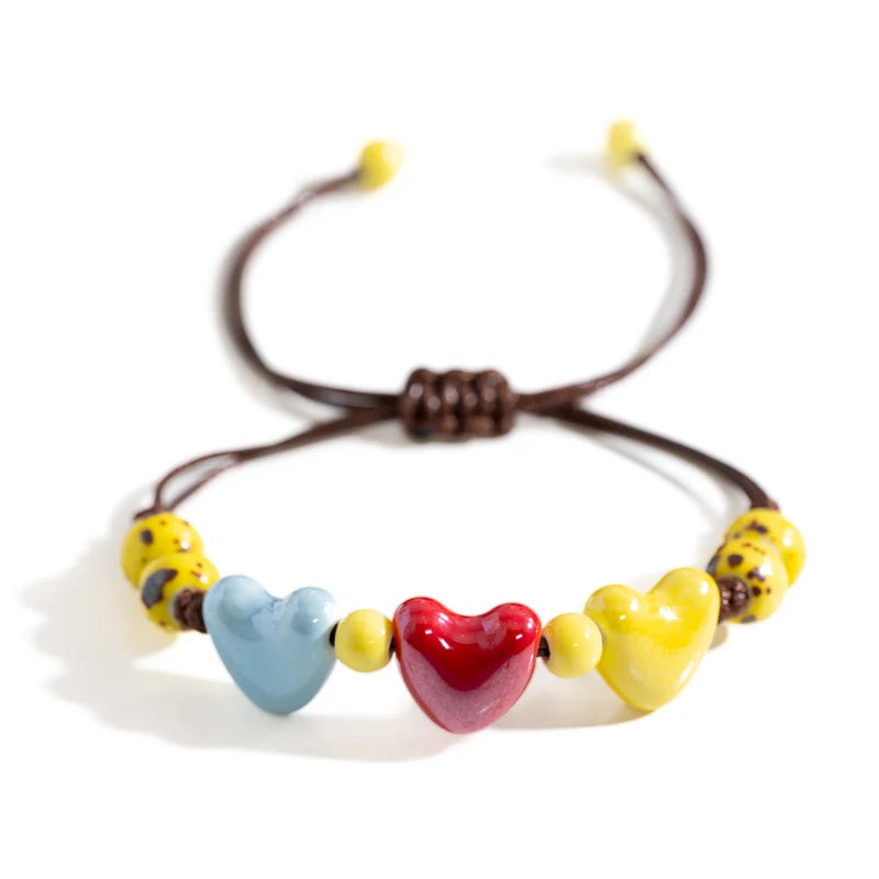 Boho Adjustable Ceramic Heart Beads Bracelet for Couples & Friends