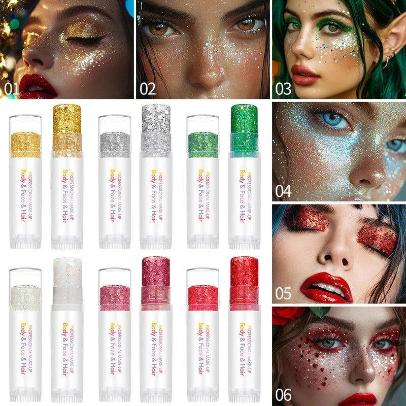 Colorful Body Glitter Stick with Sequins & Shimmer Topcoat for Makeup & Hair - Festive Glam