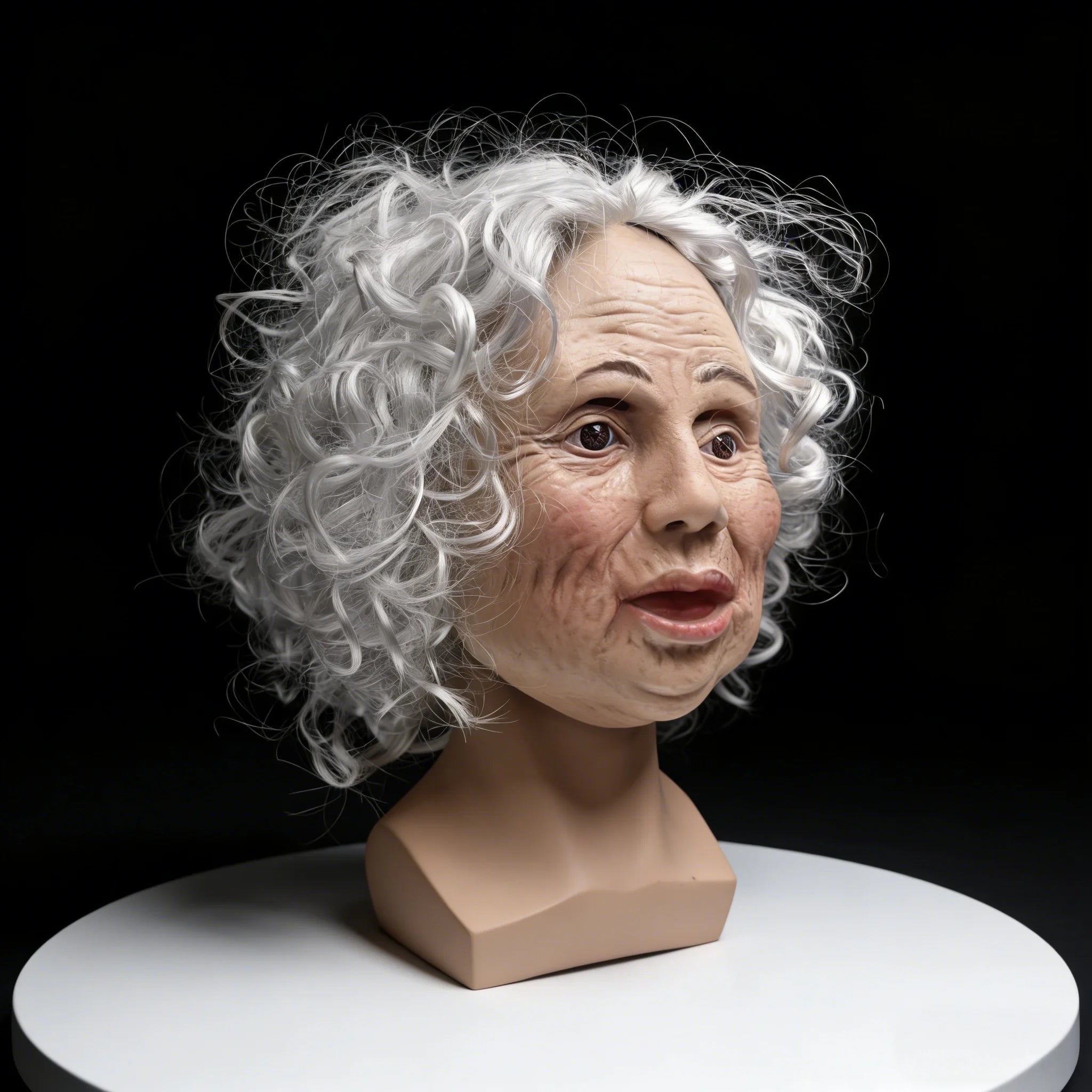 Old Woman Latex Mask with White Curly Hair - Elderly Grandma Halloween Costume