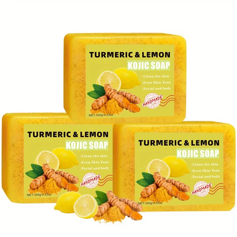 3PCS Lemon Turmeric Kojic Acid Soap for Face & Bath - Deep Moisturizing, All Skin Types