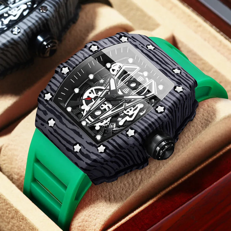 Men's Barrel Watch with Curved Mirror Hollow Surface Silicone Quartz Wristwatch
