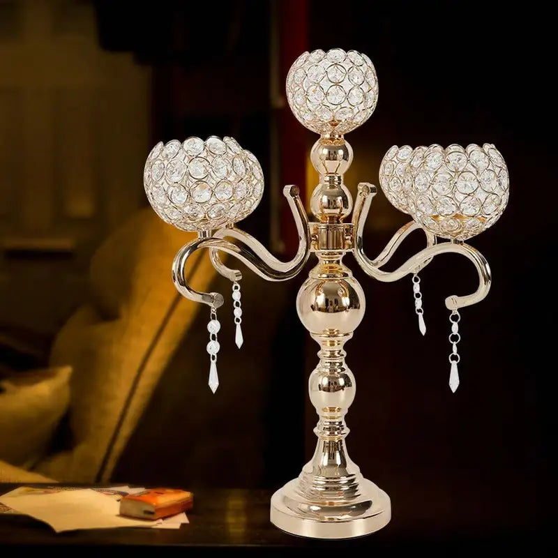 Gold Plated 5-Arm Crystal Candle Holder Tabletop Candelabra for Wedding & Home Decor