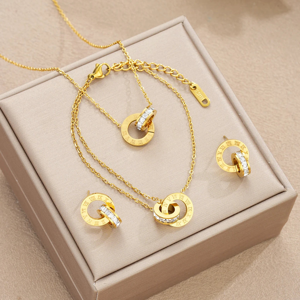 Gold Color Stainless Steel Jewelry Set with Necklace Bracelet Earrings for Women - Interlocking Circles & Roman Numerals - 4 Pieces
