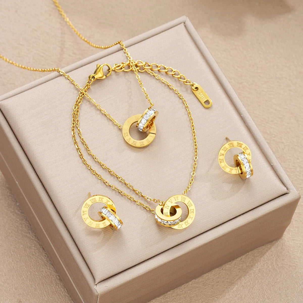 Gold Color Stainless Steel Jewelry Set with Necklace Bracelet Earrings for Women - Interlocking Circles & Roman Numerals - 4 Pieces