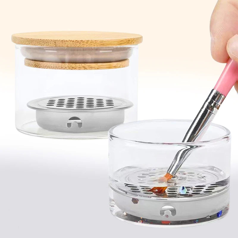 Nail Art Brush Cleaning Cup with Lid, Glass Dappen Dish for Glitter & Liquid Removal