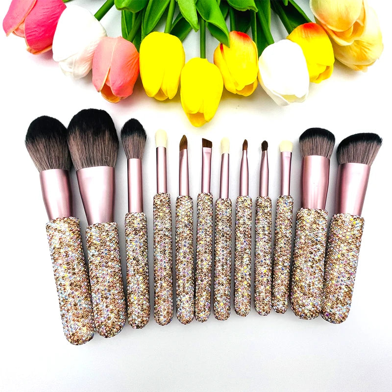 12 Piece Makeup Brush Set with Rhinestones - Face, Eye, Foundation, Blending Tools