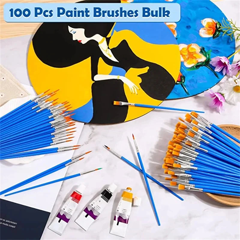 Kids Paint Brush Set 100pcs Assorted Flat Round Pointed Watercolor Oil Acrylic Craft