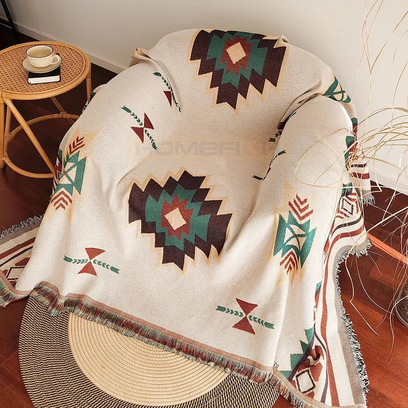 Oversized Boho Throw Blanket with Fringe Southwestern Geometric Design