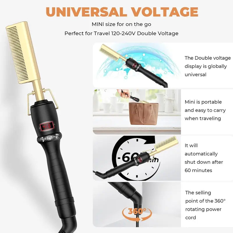 Dual Voltage Ceramic Hot Comb for Hair Straightening & Curling 450°F