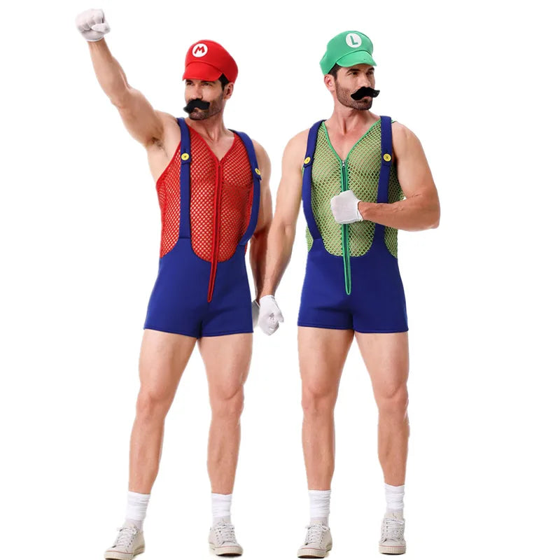 Halloween Cosplay Men's Anime Super Luigi Overalls Jumpsuit Costume for Carnival Party
