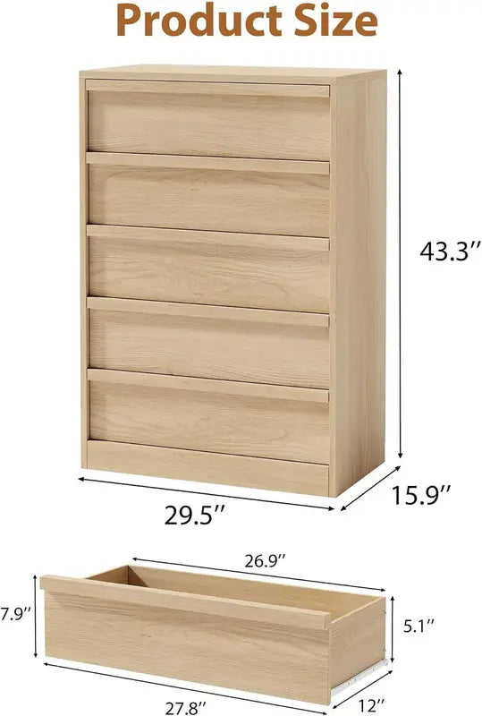 Tall Wooden 5-Drawer Storage Chest - Versatile Bedroom & Living Room Cabinet