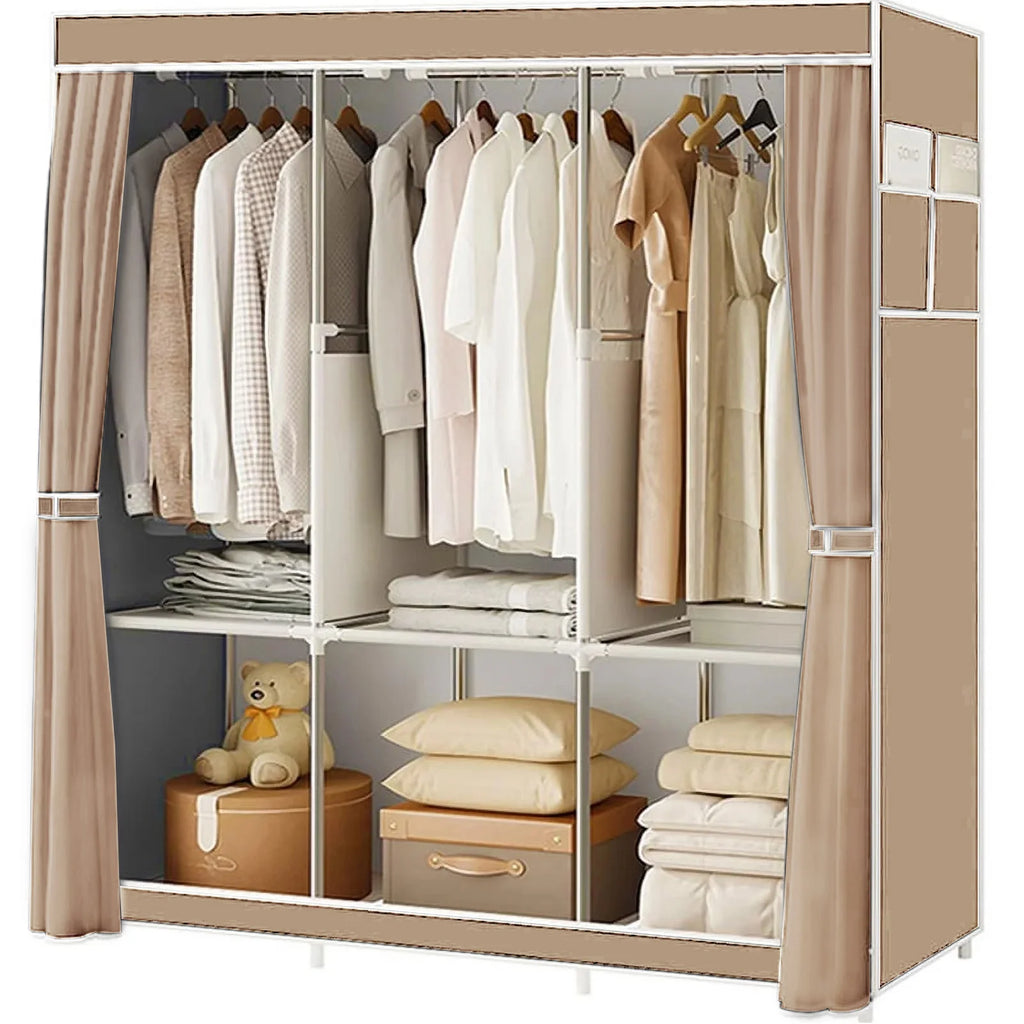 Portable Closet Organizer Storage Rack with 3 Hanging Bars and 6 Compartments