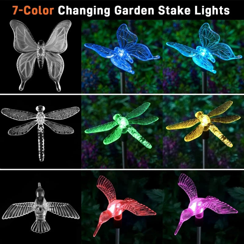 Solar Garden Stake Lights 3 Pack - Butterfly, Hummingbird & Dragonfly Outdoor Decor
