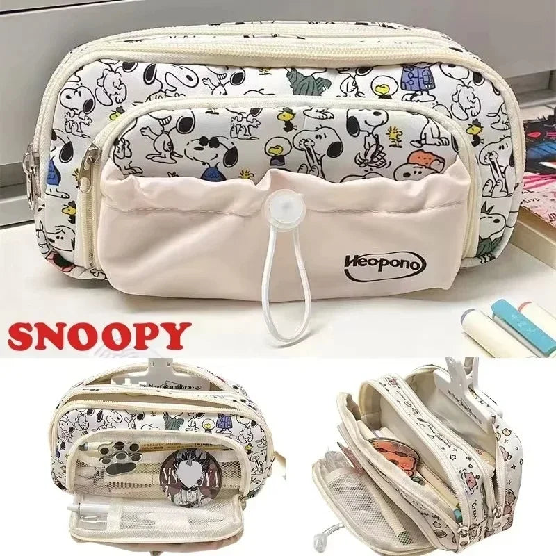 Kids Cartoon Snoopy Pencil Case Multi Layer Canvas Drawstring Pen Bag School Supplies