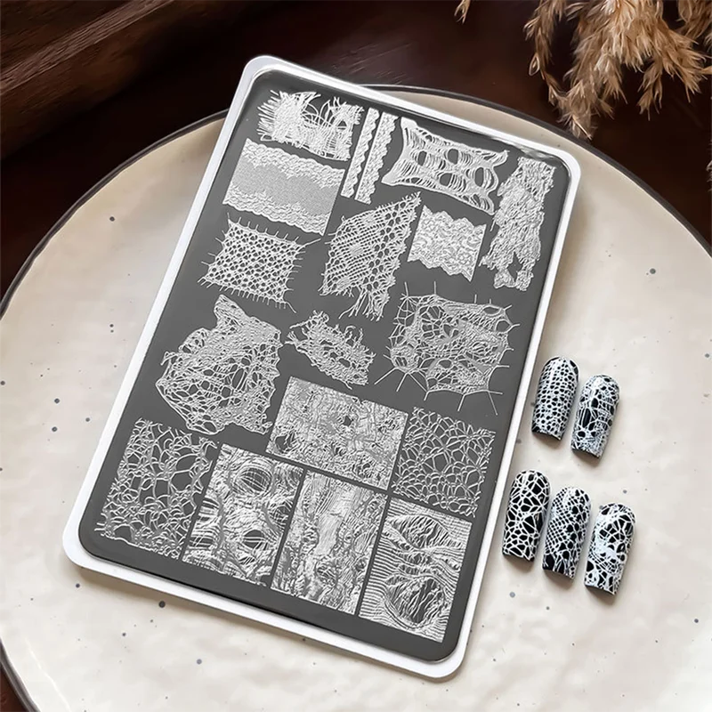 Nail Art Stamping Plate - Gothic Lace Spider Web French Design Stainless Steel