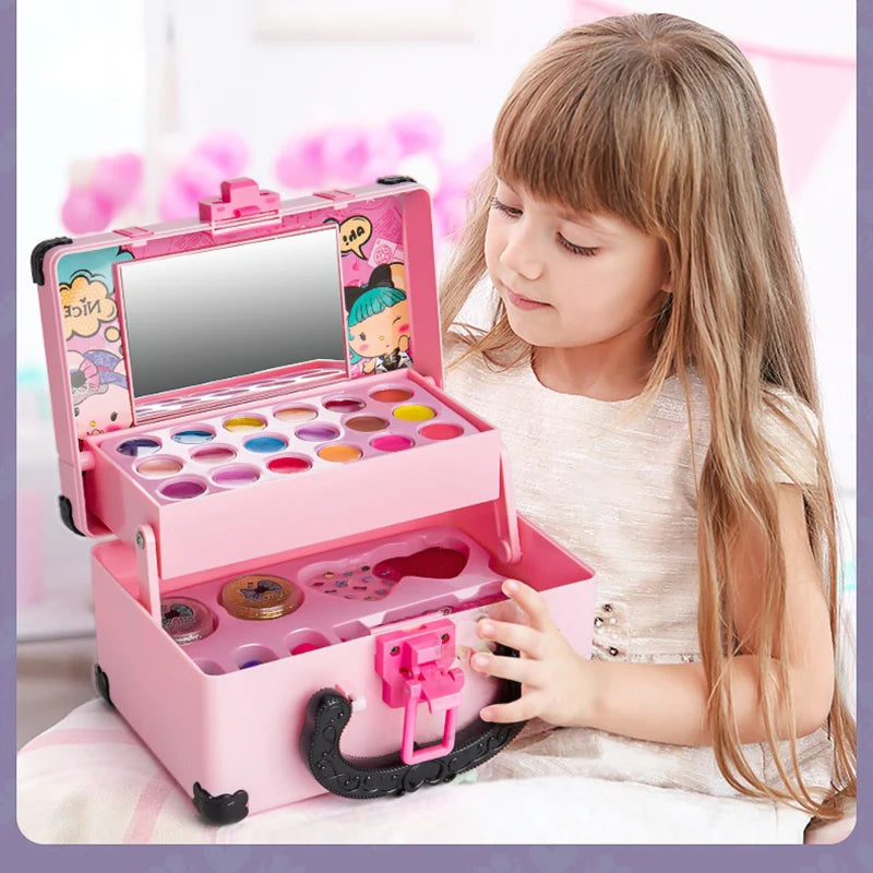 Kids Pretend Makeup Set with Lipstick Eyeshadow and Cosmetic Bag - Safe Non-Toxic Toy